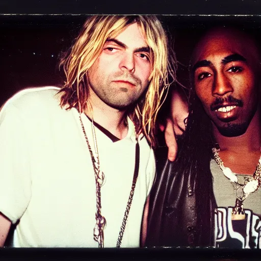 Image similar to Polaroid photograph of very Kurt Cobain and very Tupac Shakur in a club, blurry, XF IQ4, 150MP, 50mm, F1.4, ISO 200, 1/160s, natural light, Adobe Lightroom, photolab, Affinity Photo, PhotoDirector 365,