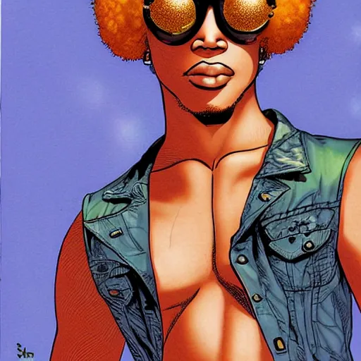 Prompt: a cool freckle-faced black dude wearing shades with a golden afro by masamune shirow