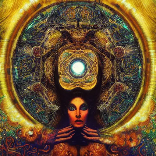 Image similar to Divine Chaos Engine by Karol Bak, Jean Deville, Gustav Klimt, and Vincent Van Gogh, sacred geometry, visionary, mystic, spiritual, fractal structures, ornate gilded medieval icon, third eye, spirals