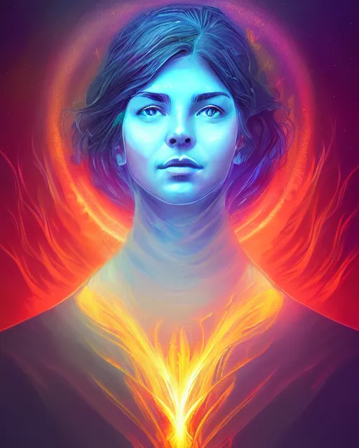 Image similar to earth priestess organic overgrowth portrait, artgerm, flowers, vortex, radiant halo of light, alena aenami, fire and water, liquid smoke, artstation