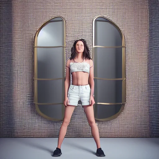 Image similar to a woman in a crop top and shorts, standing in a room with mirrors on every surface, reflections, shiny, highly detailed, 8k, octane render, hyperrealistic