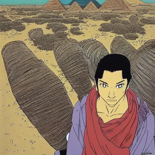 Prompt: A beautiful installation art. Wind snapped at me, warm and fragrant. The atmosphere was thick with pollen and micro-organisms, goading my body’s ancient defences. in Egypt by Naoki Urasawa, by Jean Giraud spontaneous