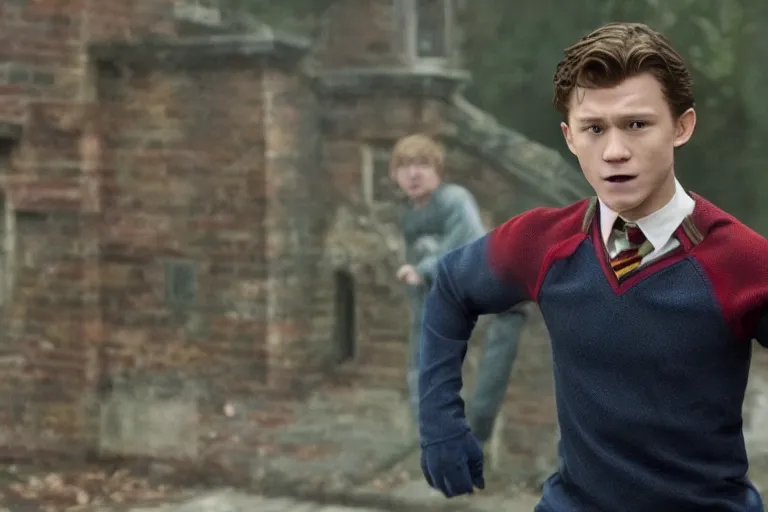 Image similar to film still of Tom Holland as Harry Potter in Harry Potter movie