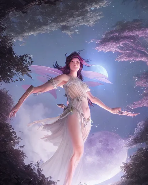 Image similar to attractive fairy goddness fly high in the night, d & d, fantasy, mist, full moon in background, trees, hyper detailed, art by artgerm and greg rutkowski and magali villeneuve, midium shot, 8 k realistic, cryengine, digital painting, trending on artstation, concept art, sharp focus, illustration,