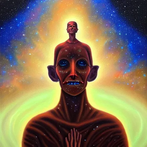 Image similar to small figure looking up at a giant figure, facing the darkness galactic nebular astral realm sacred journey in oil painting, trending on artstation, award winning, emotional, highly detailed surrealist art