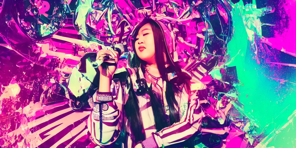 Image similar to Asian female rapper performing at huge festival holding microphone, epic angle, digital art, vapor wave, hip hop, trending on Artstation, professional artist, detailed, 4k