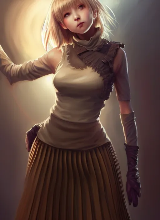 Image similar to portrait of a full body of beautiful young female detective, d & d, sleeveless turtleneck, pleated skirt, fantasy, flat lighting, intricate, highly detailed, digital painting, artstation, concept art, smooth, sharp focus, illustration, misa amane, art by simon bisley and greg rutkowski and alphonse mucha, natural tpose