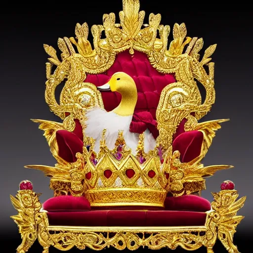 Prompt: a real duck king sitting on a gold throne decorated with many rubies and diamonds, detailed duck, duck is extremely real, duck king is wearing a gold crown and gold necklace, super realistic, 8k
