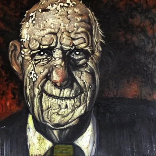 Image similar to a scary painting of an old man covered in mud