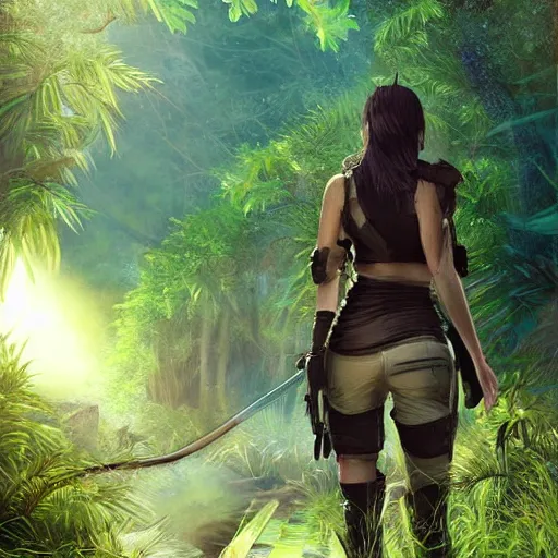 Image similar to realistic final fantasy character walking through a jungle, atmosperic, dramatic lighting, trending on artstation, ark survival evolved