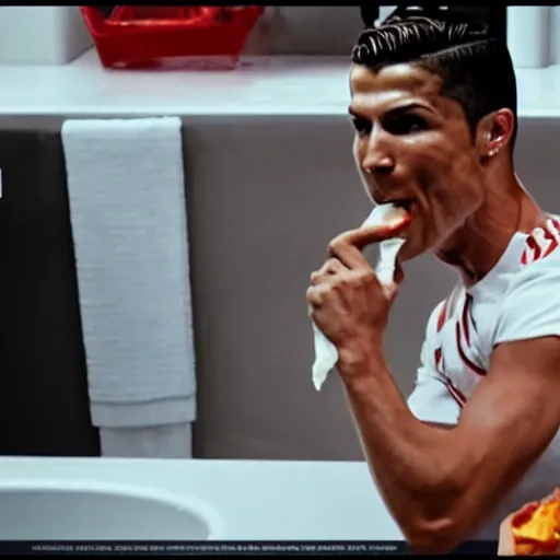Prompt: cristiano ronaldo eating from doritos in the toilet, cinematic composition, 4 k, movie still