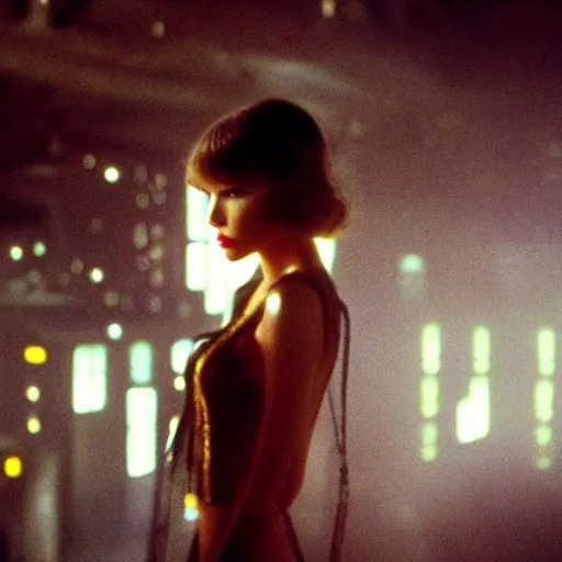 Prompt: Taylor Swift in Blade Runner, cyberpunk, cinematic film still