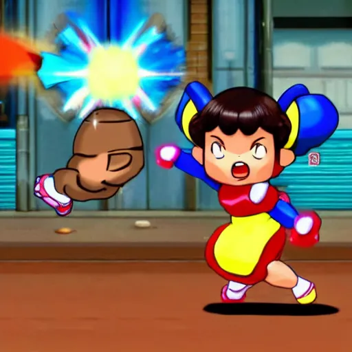 Prompt: chun li bouncing on a goomba with a pogo stick