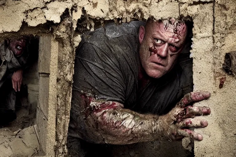 Image similar to zombie Dean Norris coming out of a tomb, movie still, photorealistic, clean composition, real shot
