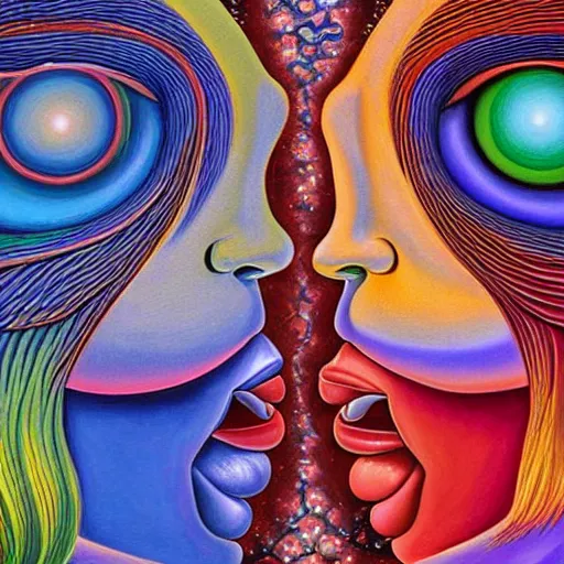 Prompt: emotive painting by alex grey of two bizarre femme creatures kissing each other closeup. they have strange appendages. they are in a psychedelic landscape. speculative evolution, exobiology, golden ratio