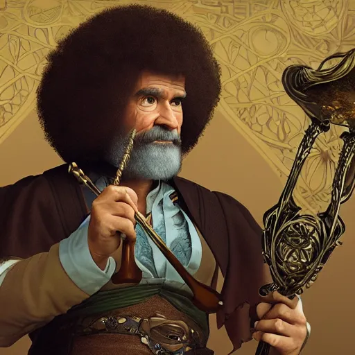 Prompt: an ultra detailed vector image of bob ross dressed as a fantasy bard, d & d, epic fantasy, concept art by alphonse mucha and greg rutkowski, octane render, 8 k, detailed face