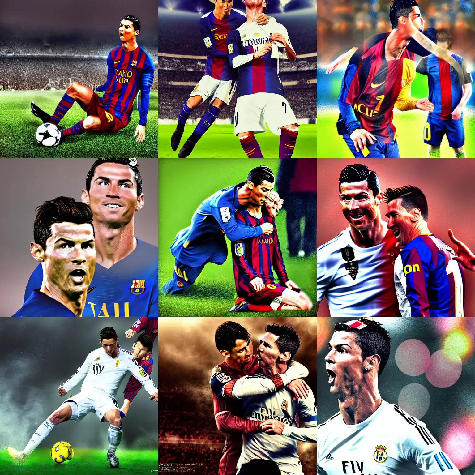 Prompt: Cristiano Ronaldo eating lionel messi, hdri, photo of the year, trending on pixiv