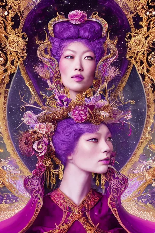 Image similar to a beautiful empress portrait, with a brilliant, impossible striking big cosmic headpiece, clothes entirely made out of cosmos, symmetrical, dramatic studio lighting, rococo, baroque, jewels, asian, hyperrealism, closeup, D&D, fantasy, intricate, elegant, highly detailed, digital painting, artstation, octane render, 8k, concept art, matte, sharp focus, illustration, art by Artgerm and Greg Rutkowski and Alphonse Mucha