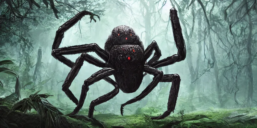 Image similar to huge spider monster in a dense forest, creeping from behind, dark fantasy, 4k, highly detailed, wallpaper, trending on ArtStation, prints available