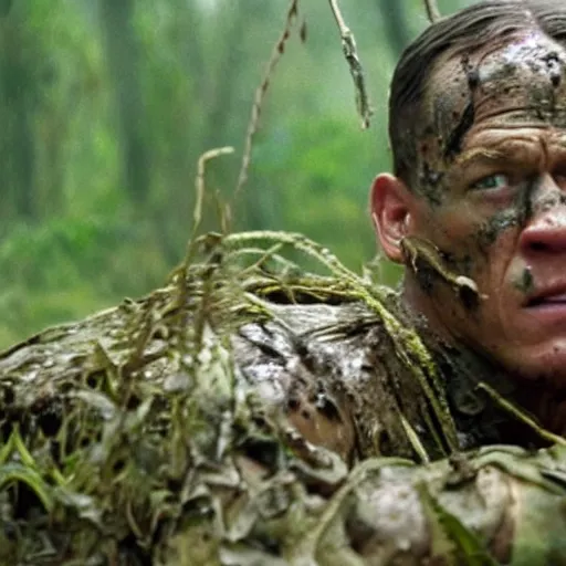 Prompt: film still of john cena as major dutch, covered in mud and hiding from the predator predator predator in swamp scene in 1 9 8 7 movie predator, hd, 4 k