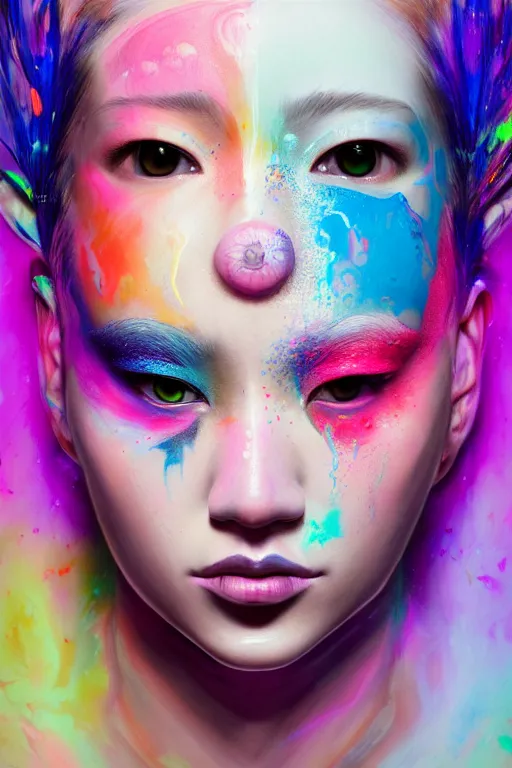 Image similar to hyperrealistic photography of a gorgeous girl pouring multicolored luminescent paint on her head in the style of jin kagetsu, james jean, chris cunninham, hans bellmer and wlop, highly detailed, face symmetry, masterpiece, award - winning, sharp focus, intricate concept art, ambient lighting, 8 k, artstation