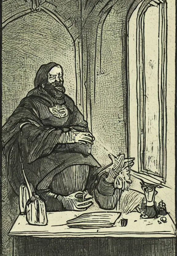 Image similar to [Medieval peasant sitting on a desk watching a computer in a dimly light room. There are cans on and around the desk and an arched window in the background. Illustration, sharp!, focus, high quality, smooth!]