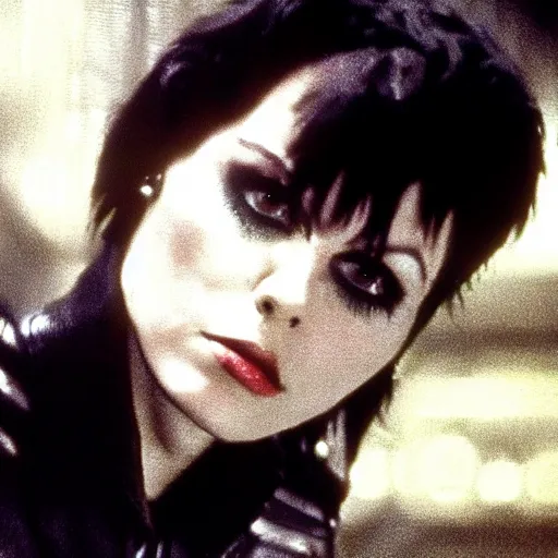 Image similar to a film portrait still of joan jett in blade runner, gritty cyberpunk atmosphere. realism, cinematic lighting, beautiful gothic fantasy photorealistic, 4 k. 8 mm. grainy. panavision.