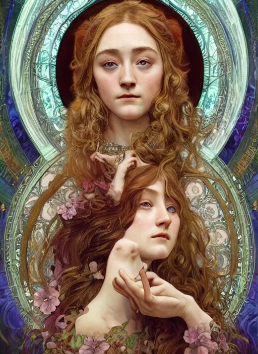 Image similar to Saoirse Ronan as God of Beauty, cute, fantasy, intricate, elegant, highly detailed, digital painting, 4k, HDR, concept art, smooth, sharp focus, illustration, art by alphonse mucha,artgerm, H R Giger