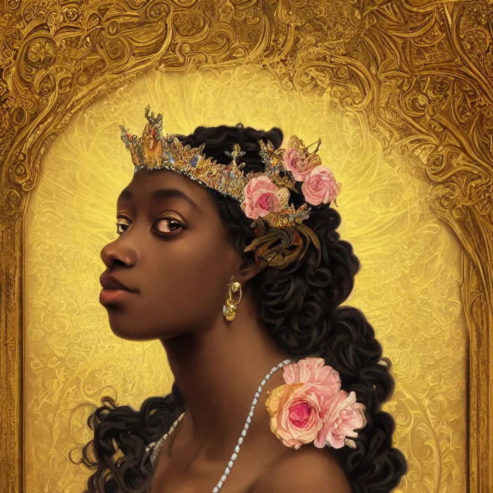 Image similar to highly detailed venetian rococo portrait of a black princess wearing a crown, golden jewels, pastel flowery background, volumetric lighting, flowers, fantasy, realistic, symmetrical face, digital illustration, art by krenz cushart, alphonse mucha, kehinde wiley, artem demura