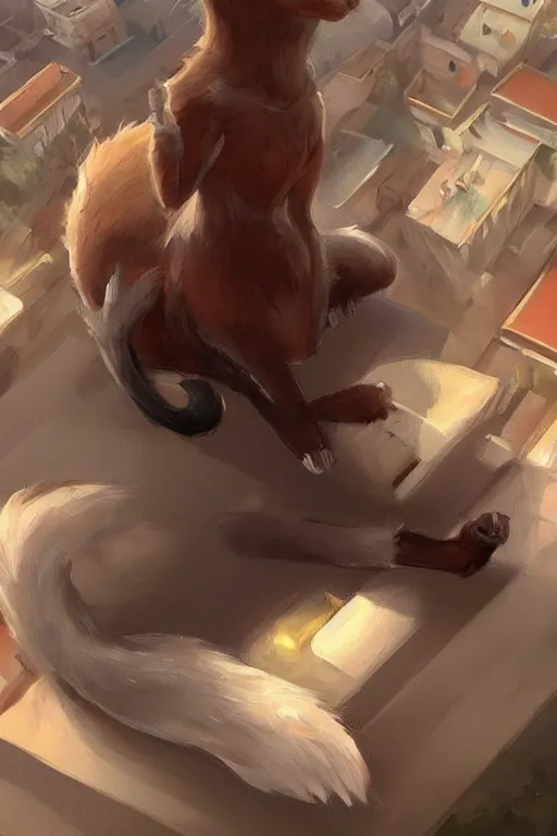 Prompt: a fullbody pose of humanoid cat, beautiful clean oil painting a anthropomorphic cat in a cats city from the top of a roof pinterest, artstation trending, behance, silver, laser light, trending on furaffinity, backlighting, cartoon, by kawacy