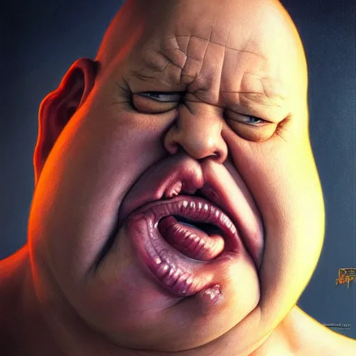 Image similar to hyper realistic, close up portrait of a mega derpy disgusting fat slob by greg rutkowski, scott m fischer, artgerm, loish, slight glow, atmospheric, anne stokes, alexandros pyromallis