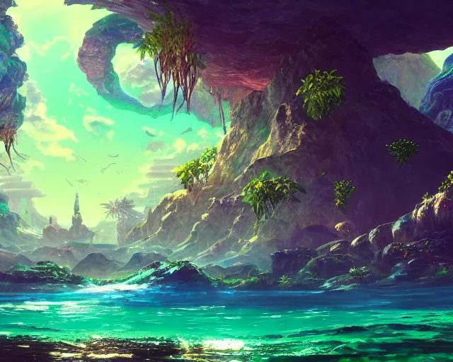 Image similar to scenery artwork, scene beautiful, light!! light essential underground ocean world atlantis and nature vegetation with daylight, surrealism oil on canvas, artstation!! pixiv!! dream scenery, quality astral projection render, nier automata concept art, vaporwave textures