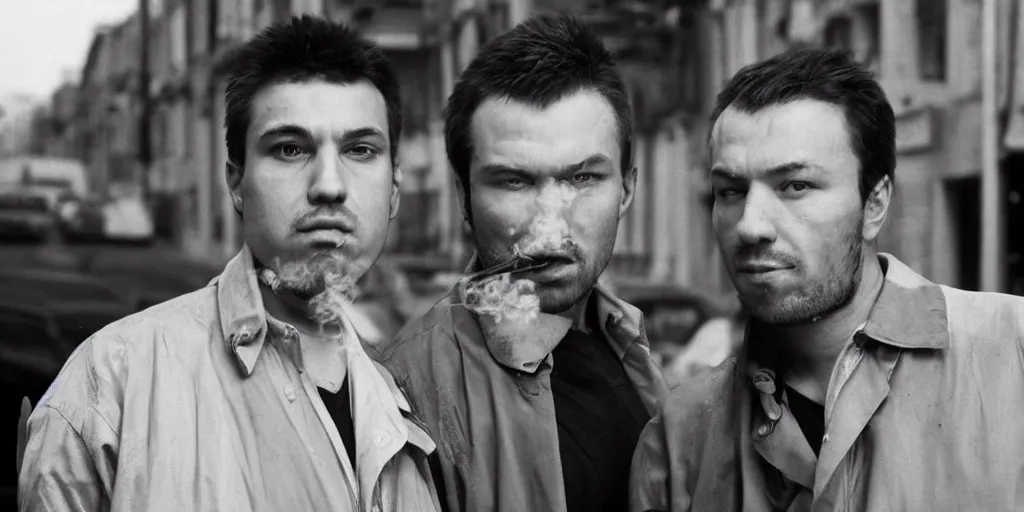 Prompt: close view headshot portrait of alexandr zembatov and mikhail alontsev, tall and small, posing on a street in gangsta comedy of 1990s, movie shot, Lock, Stock and Two Smoking Barrels