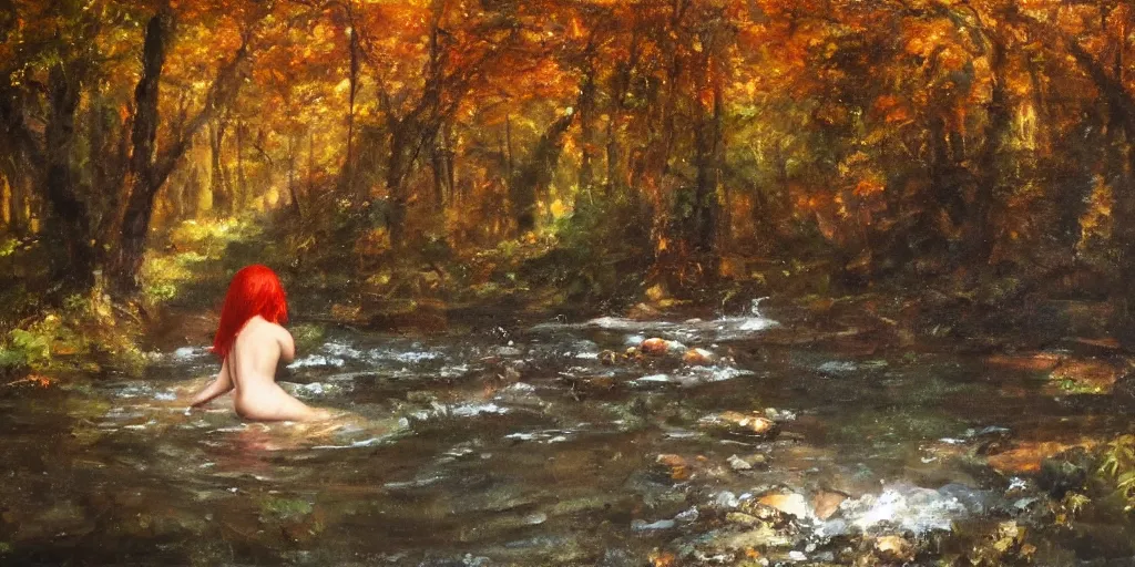 Prompt: A wide angle oil painting of a red haired girl bathing in a forest stream, light rays, expressive