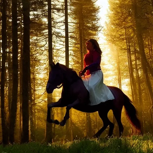 Prompt: queen princess riding fast on horse, forest light, reg rutkowski,