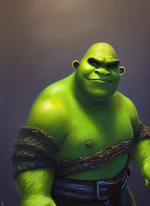 Prompt: oil painting shrek as thrall from world of warcraft, artstation, shrek, epic, dramatic,