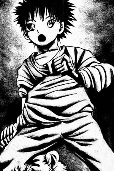 Image similar to attractive salvage little boy in lion suit, black and white artwork made by kentaro miura and yoshihiro togashi