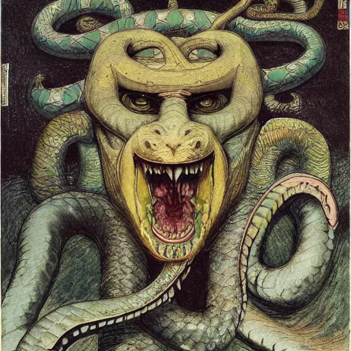 Image similar to demiurge head face eyes fangs serpent serpent python wearing a lion costume furry ears neck neck tall long viper tombow peter doig greg rutkowski giorgio de chirico arsen savadov dan witz vik muniz