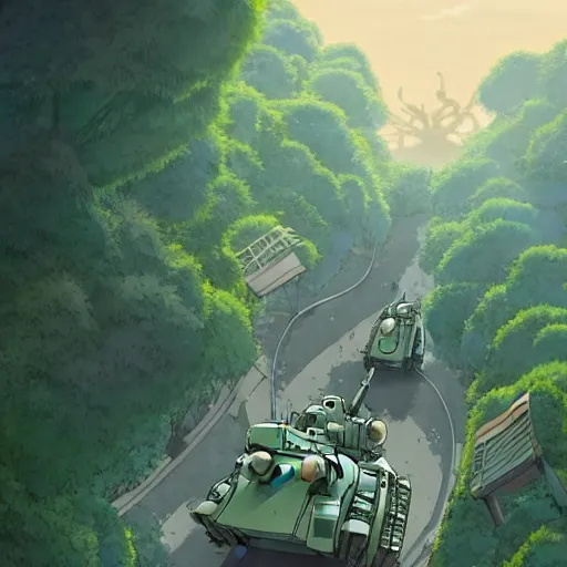 Prompt: a beautiful movie still in the style of Studio Ghibli anime showing a mech with tank treads in the streets of post-apocalyptic Singapore overrun by vegetation. Studio Ghibli, aerial photography, wide angle lens, trending on artstation, trending on behance