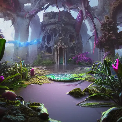 Image similar to soft painting render curiosities skulls tentacles eyeballs reflection refraction gateway portal synthwave ruins ponds alien vegetation, accurate features, focus, very intricate ultrafine details, rainbow lighting, dense fog, award winning masterpiece, octane render 8 k hd, dark fantasy