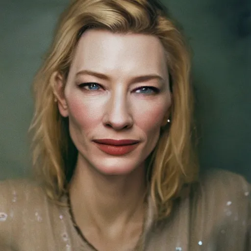 Image similar to very detailed and textured portrait of cate blanchett in 1999, by Steve McCurry, cinestill 800t 18mm 4k