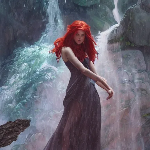 Image similar to an extremely detailed portrait of four polyamorous red haired witches dancing while hiding from a thunderstorm in a cave behind a waterfall, epic fantasy, viewed in profile from far away, sharp focus, detailed face, art by greg rutkowski and alphonse mucha, volumetric lighting, 4 k resolution, trending on artstation, masterpiece