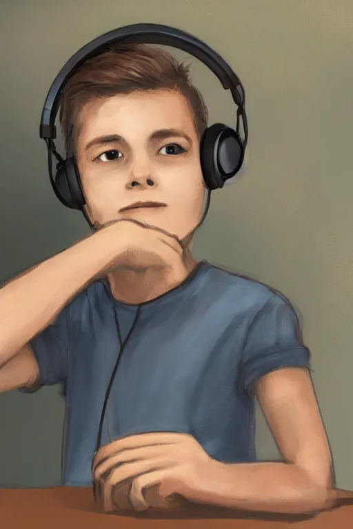 Image similar to a boy with headphones sitting on a table in a cafe, digital art, digital painting, masterpiece, concept art, trending on deviantart, highly detailed, high quality, anatomically correct, five fingers, cinematic, high coherence, soft lighting, soft colors, beautiful, elegant, short black hair, 4 k, symmetrical, realistic and detailed face, cartoon