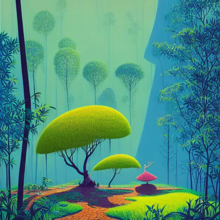 Image similar to ( ( ( gediminas pranckevicius ) ) ), stillness under bo tree in a jungle garden summer morning, very coherent and colorful high contrast art by james gilleard floralpunk screen printing woodblock, dark shadows, pastel color, hard lighting