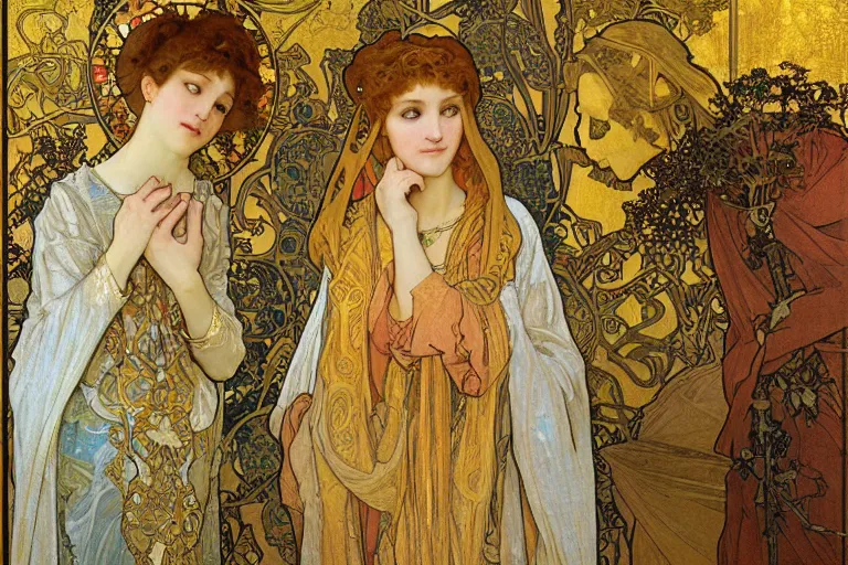 Image similar to the annunciation oil painting by alphonse mucha and gustav klimt gold leaf, intricate detailed,