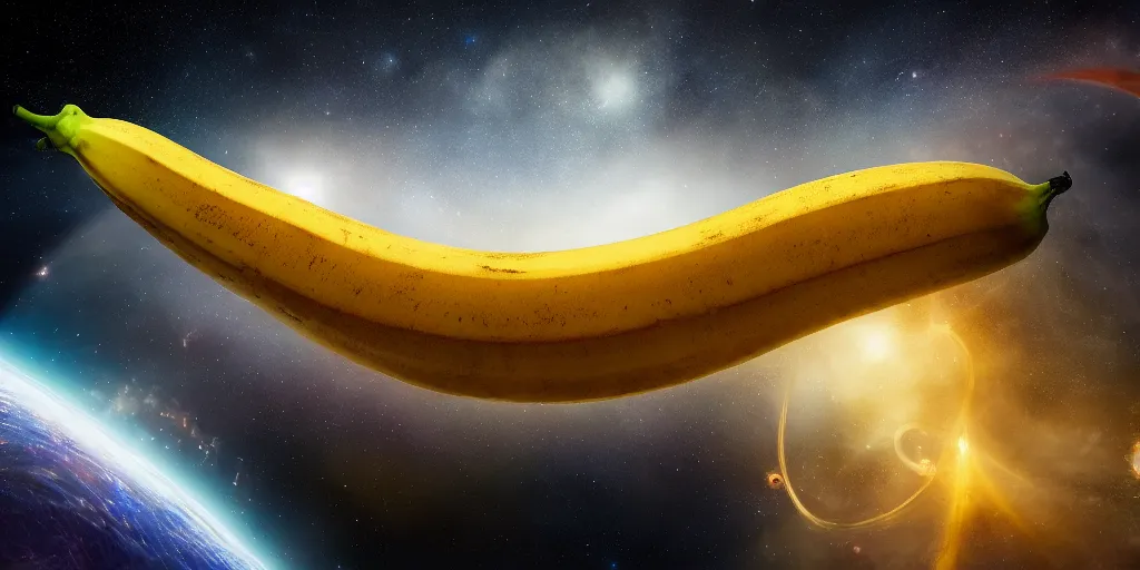 Prompt: giant banana falling through space and time, realistic 4 k octane beautifully detailed render, 4 k post - processing, highly detailed, intricate complexity, epic composition, magical atmosphere, cinematic lighting, masterpiece, ultra hd