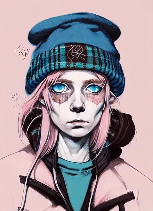 Image similar to highly detailed portrait of a swedish sewer punk lady student, blue eyes, tartan hoody, hat, white hair by atey ghailan, by greg tocchini, by kaethe butcher, by james gilleard, gradient pink, black, brown, cream and light blue color scheme, grunge aesthetic!!! ( ( graffiti tag wall white background ) )