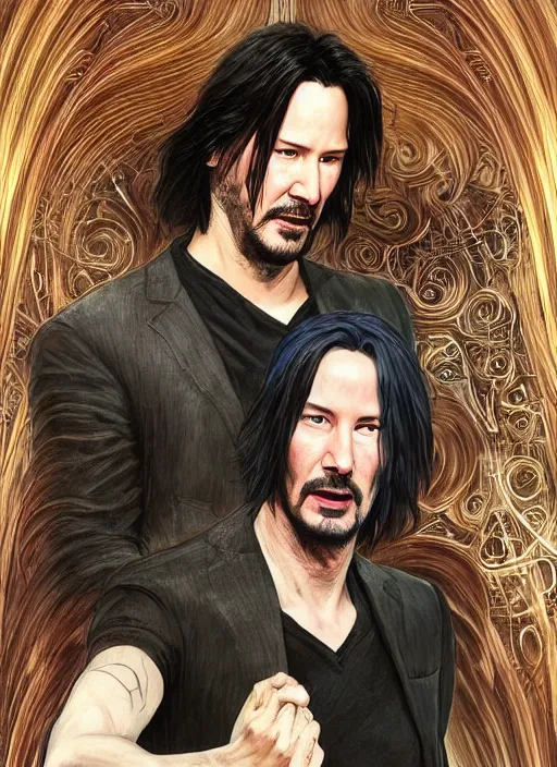 Image similar to keanu reeves as sandman, with fingers and hair turning into smoke, vertigo, shaved, pale skin!, fantasy, intricate, elegant, highly detailed, digital painting, artstation, concept art, wallpaper, smooth, sharp focus, illustration, art by artgerm and greg rutkowski and alphonse mucha