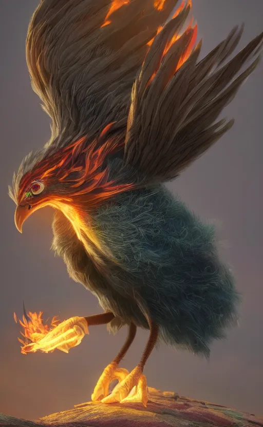 Image similar to a phoenix bird, fire, ash electric, furry, soft, concept art, sharp focus, intricate details, highly detailed, photorealistic, disney pixar, octane render, iridescent, anime, 8 k