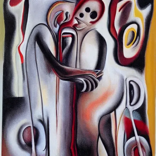 Image similar to Oil painting by Roberto Matta. Two mechanical gods kissing. Oil painting by Marlene Dumas. Dali.